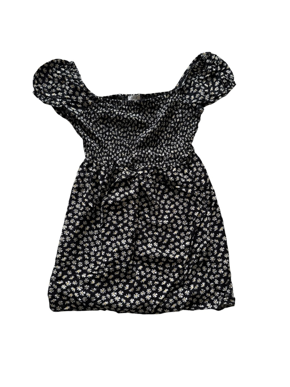 AUW Black Daisy Print Dress with White and Yellow Floral Detail